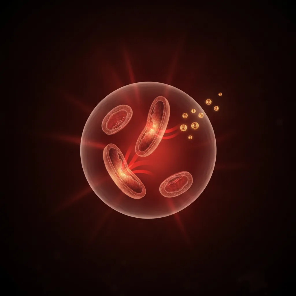 A cell's mitochondria absorbing red light and releasing energy.