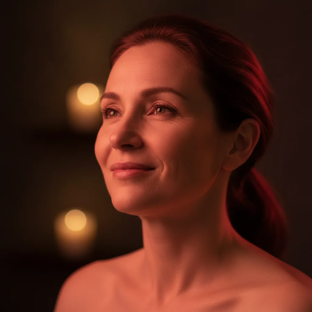 A woman relaxing in warm, ambient red light.