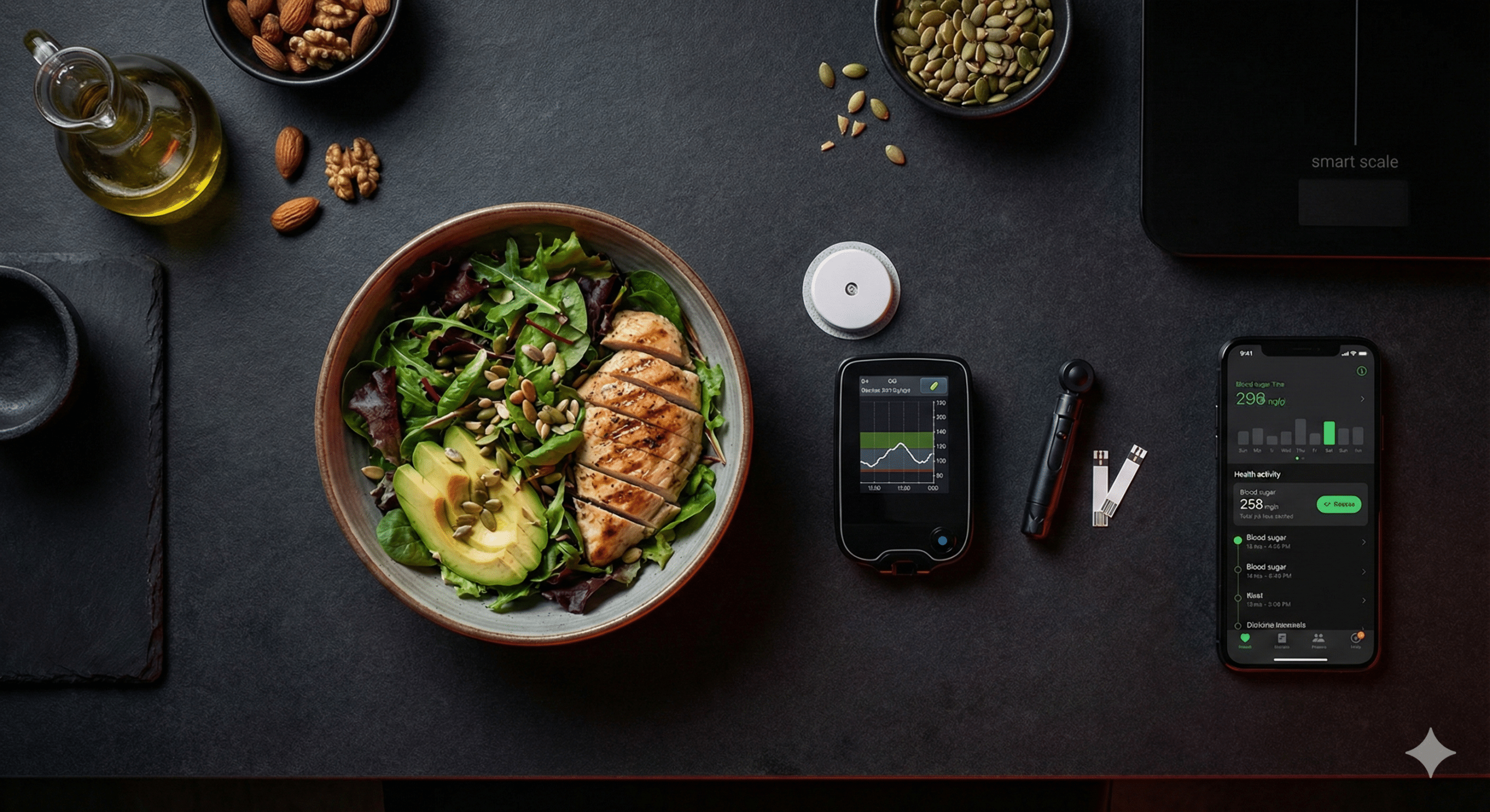 Healthy meal and glucose meter, representing metabolic health