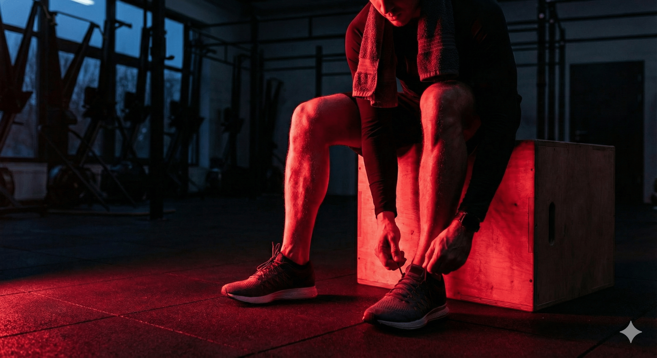 Man with towel wrapped around neck tying his shoes at Gym, representing recovery and performance