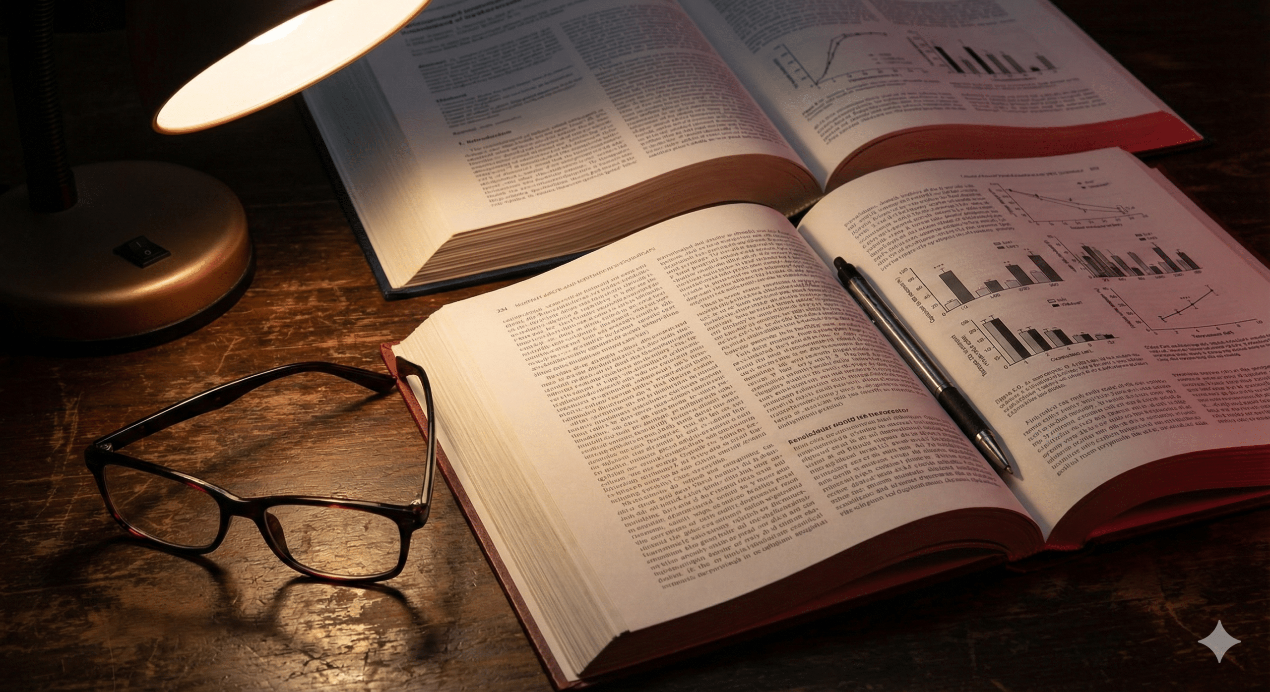 Printed research books and a pen on a desk