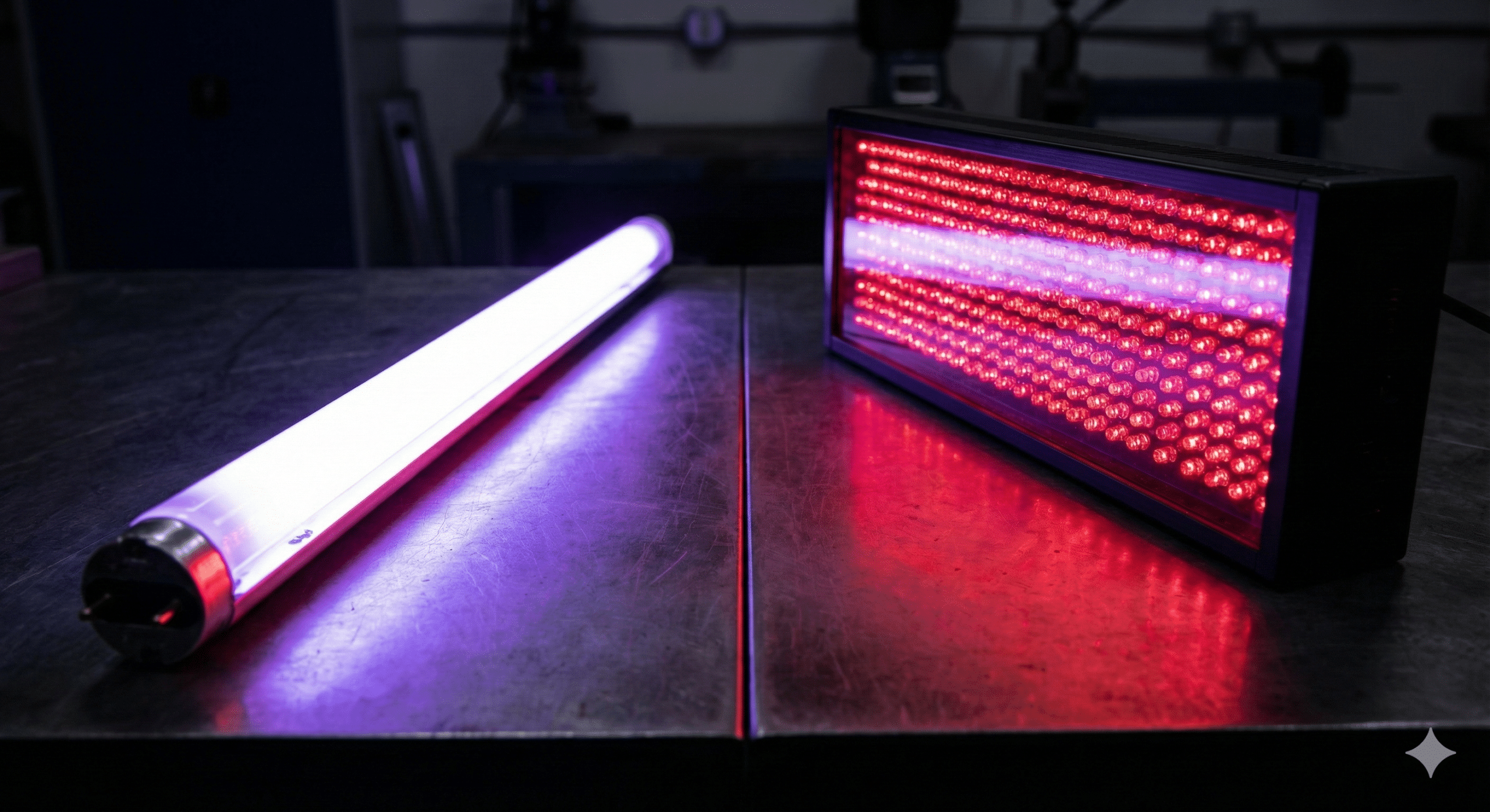 Comparison graphic of sun, tanning bed, and red light panel icons