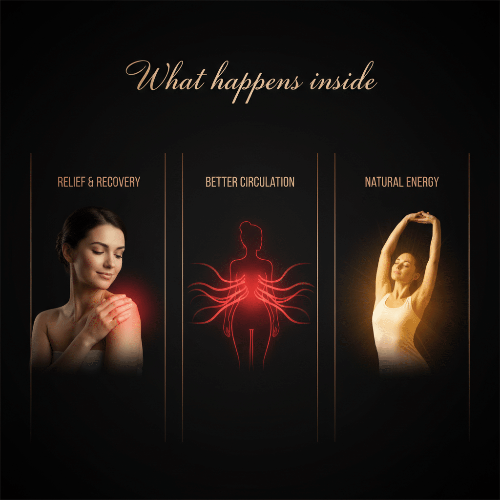 Three-panel visual showing tissue regeneration, circulation support, and cellular energy from red light therapy