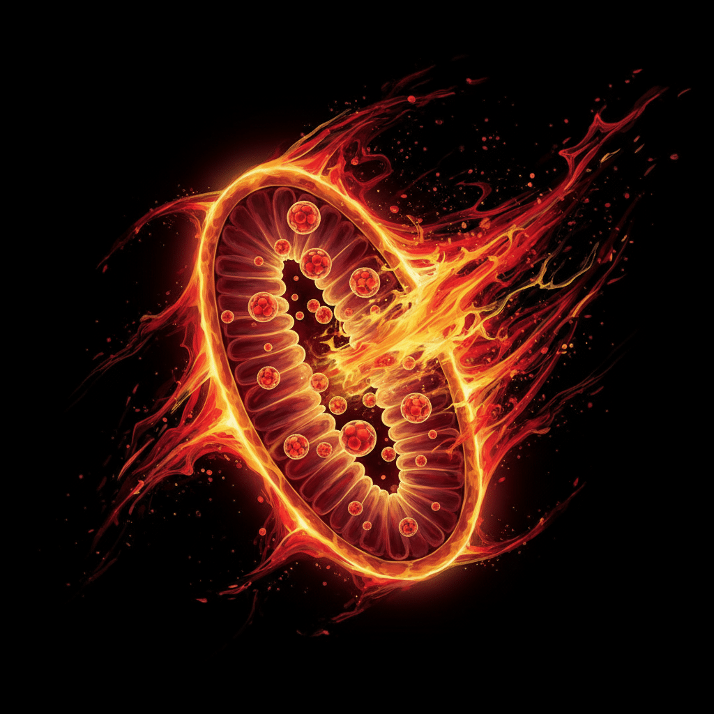 Artistic visualization of ATP energy molecules being produced inside a glowing mitochondria