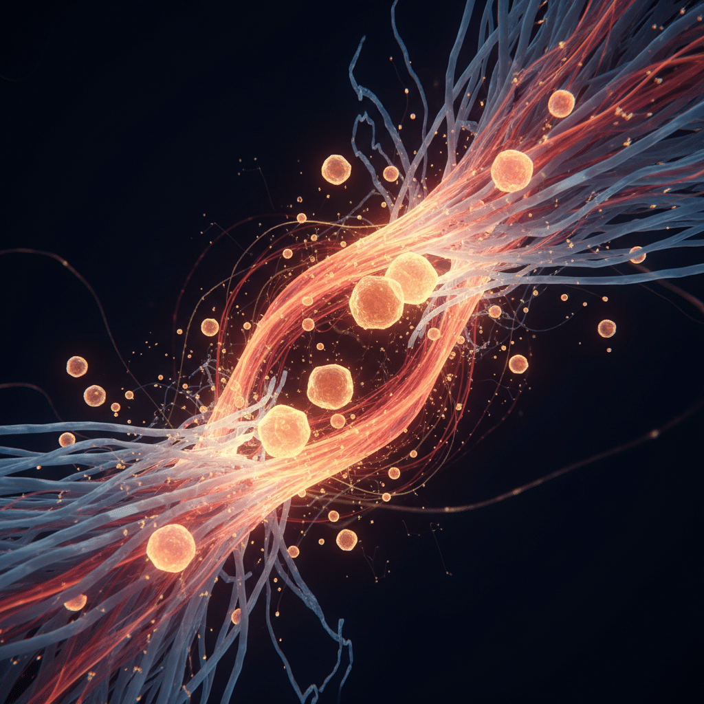 Visualization of cellular tissue fibers regenerating with warm red and amber energy at the microscopic level