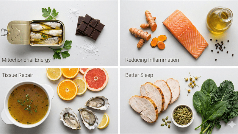 Four categories of healing foods for mitochondrial energy, reducing inflammation, tissue repair, and better sleep