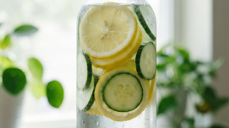 Infused water with lemon and cucumber - proper hydration enhances red light therapy results