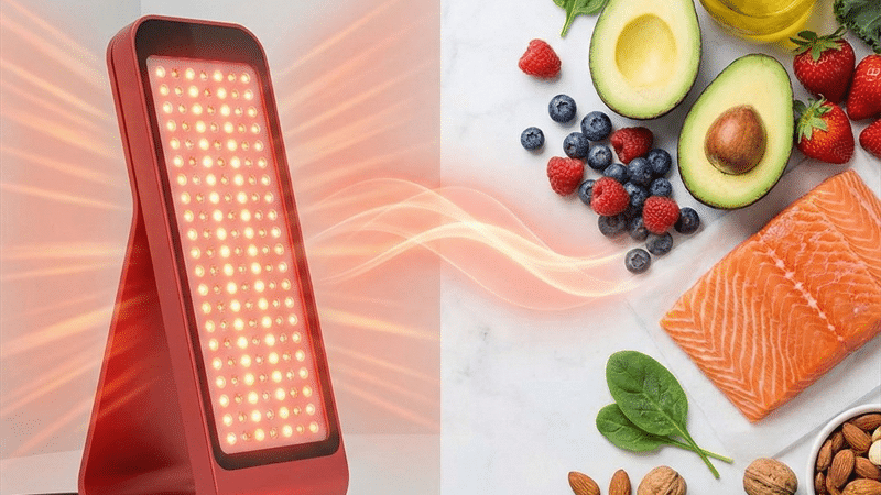 Red light therapy device alongside anti-inflammatory foods demonstrating how nutrition amplifies treatment