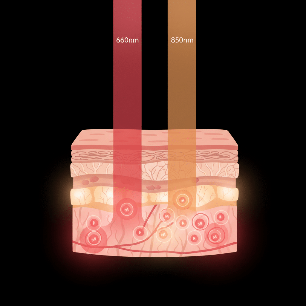 Scientific illustration showing 660nm red light and 850nm near-infrared light penetrating skin layers to reach mitochondria