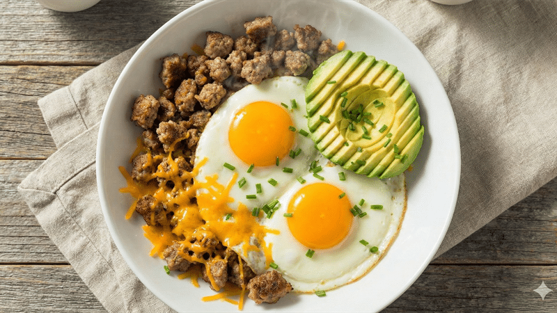 Keto breakfast power bowl with eggs, sausage, cheese, and avocado from the RedLight Freedom Recipe Hub