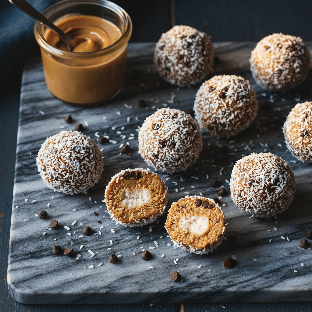 Almond butter energy bites rolled in coconut with dark chocolate chips