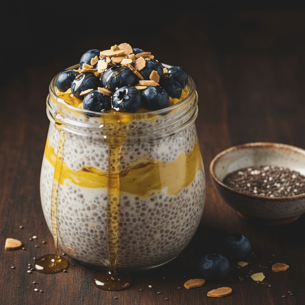 Turmeric chia pudding in a jar topped with blueberries and sliced almonds