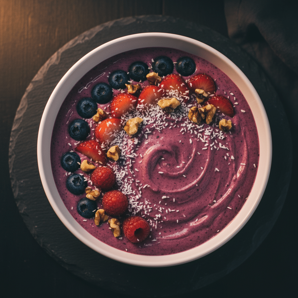 Berry collagen smoothie bowl topped with walnuts and coconut flakes