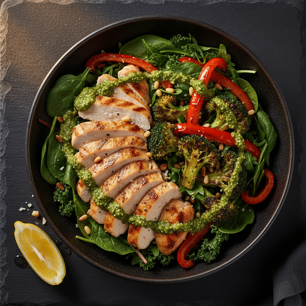 Grilled chicken pesto power bowl with broccoli, red bell pepper, mixed greens, and pine nuts