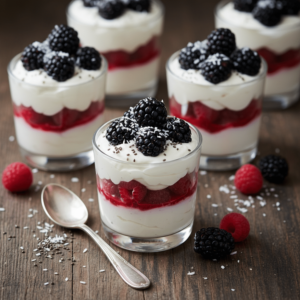 Coconut cream berry cups layered with raspberries, blackberries, and chia seeds in a glass dessert cup