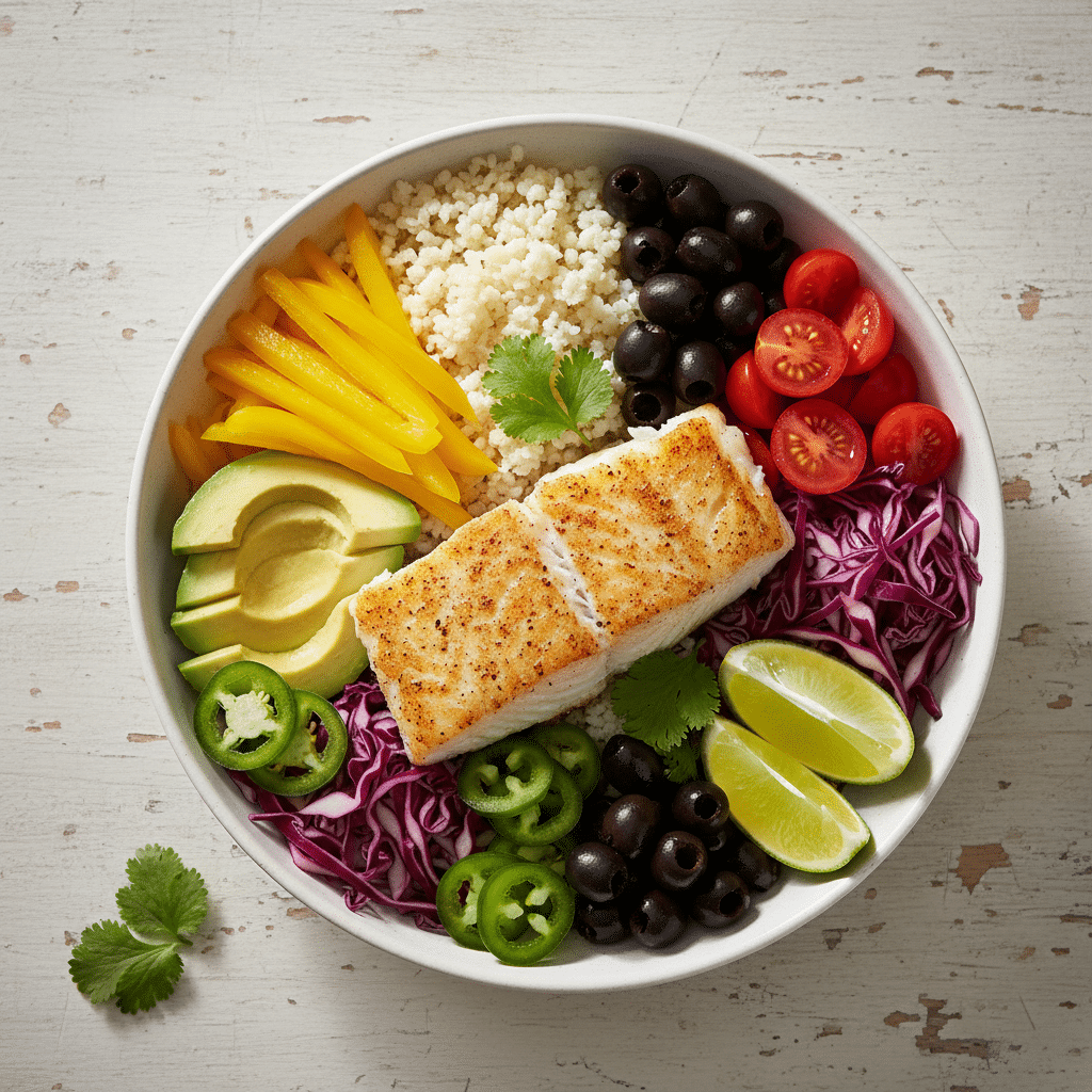 Fish taco bowl with seasoned cod, cauliflower rice, avocado, red cabbage, cherry tomatoes, and lime