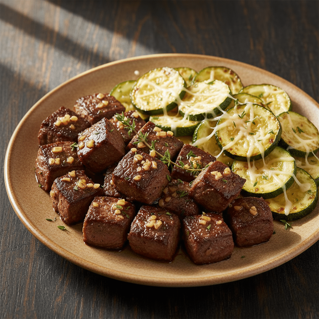 Garlic butter steak bites with parmesan zucchini on a plate, garnished with fresh herbs