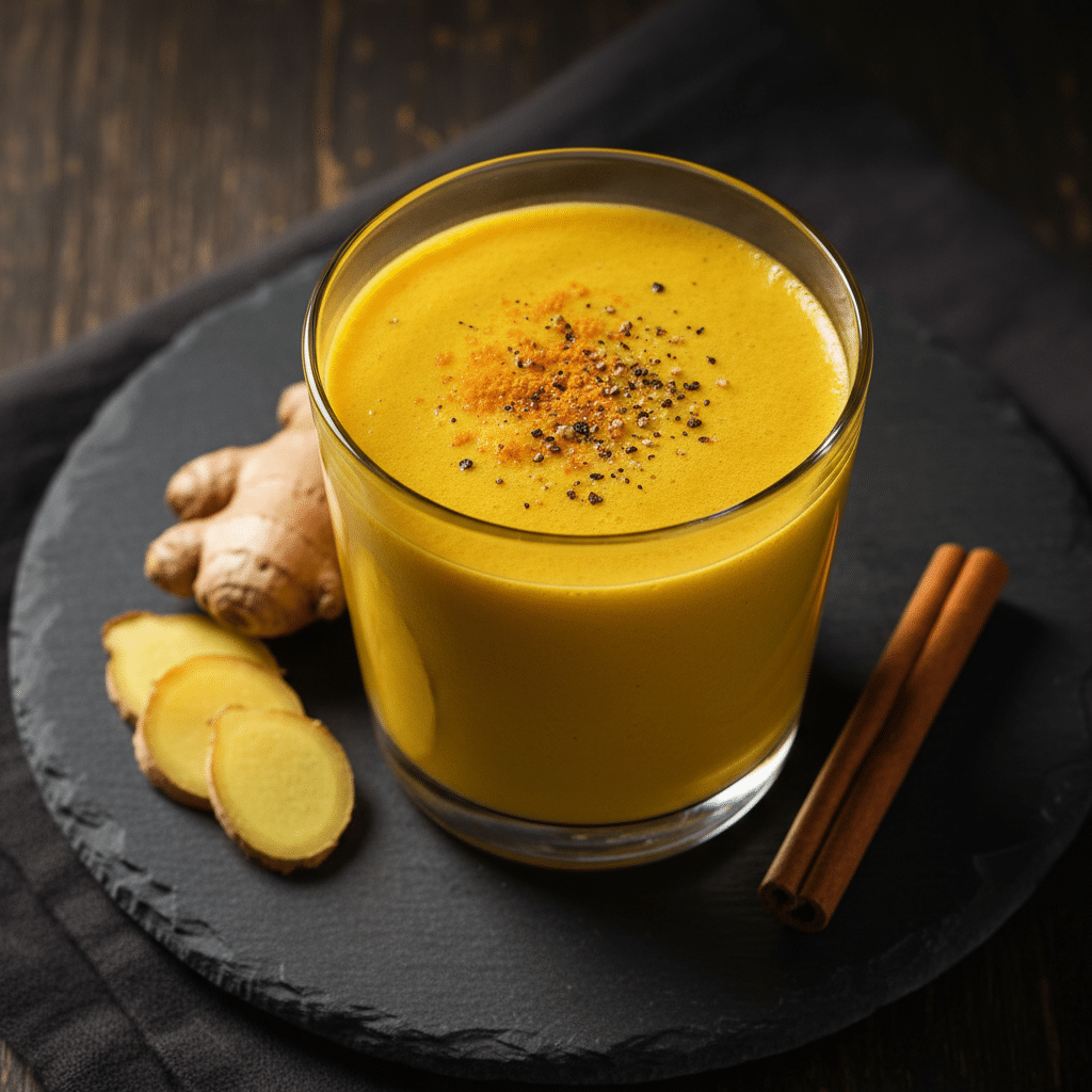 Golden turmeric smoothie with coconut milk, ginger, and black pepper in a glass