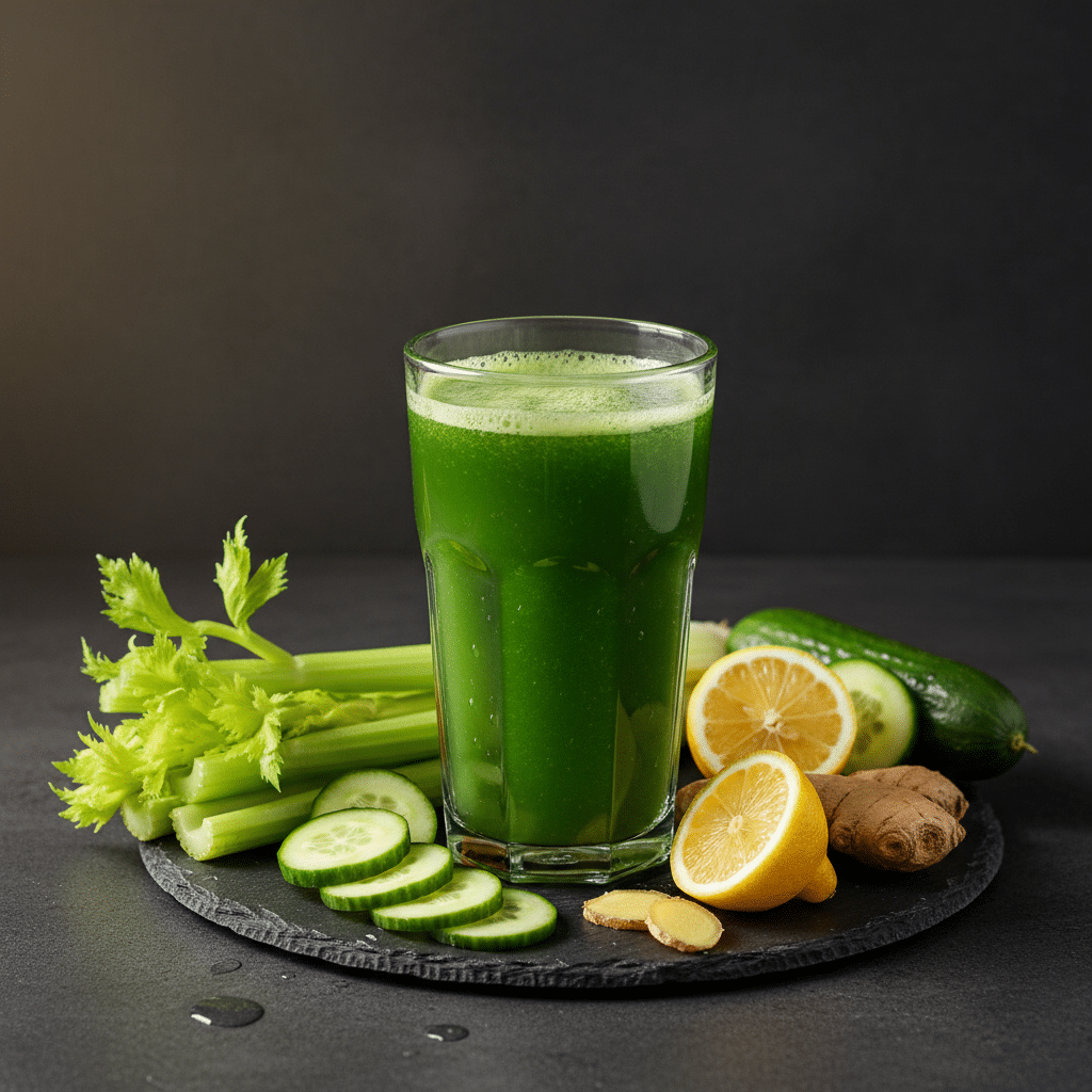 Vibrant green juice with celery, cucumber, ginger, and lemon