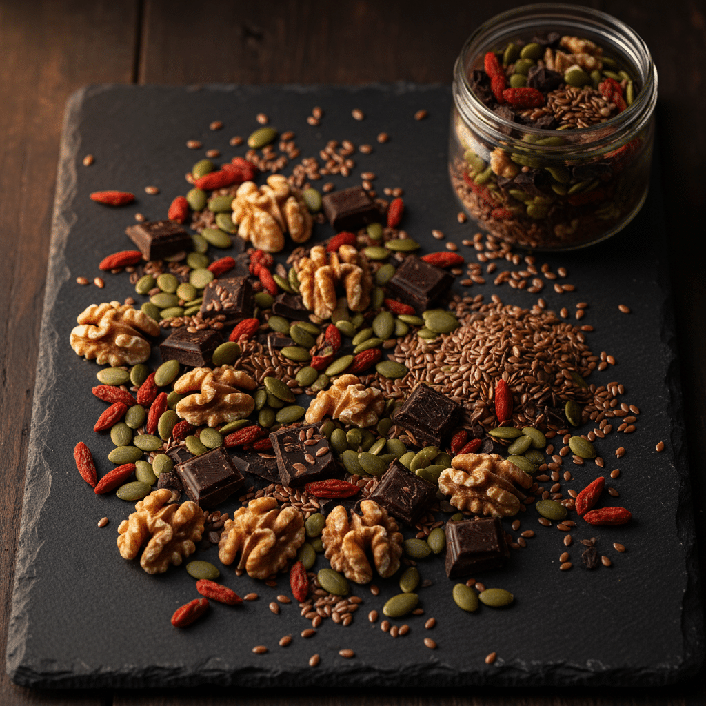 Omega-3 trail mix with walnuts, pumpkin seeds, dark chocolate, and goji berries