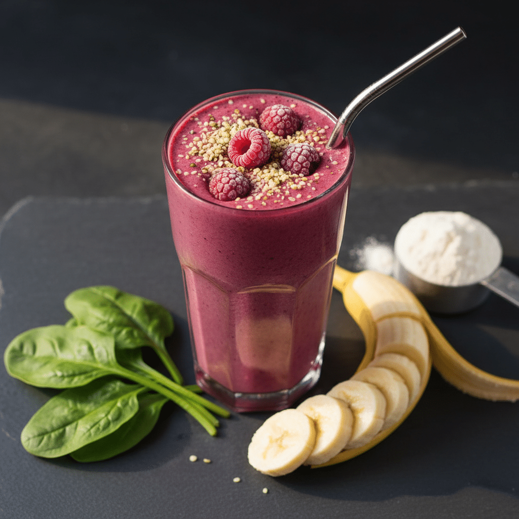 Pink-purple recovery protein smoothie with raspberries, hemp seeds, and spinach