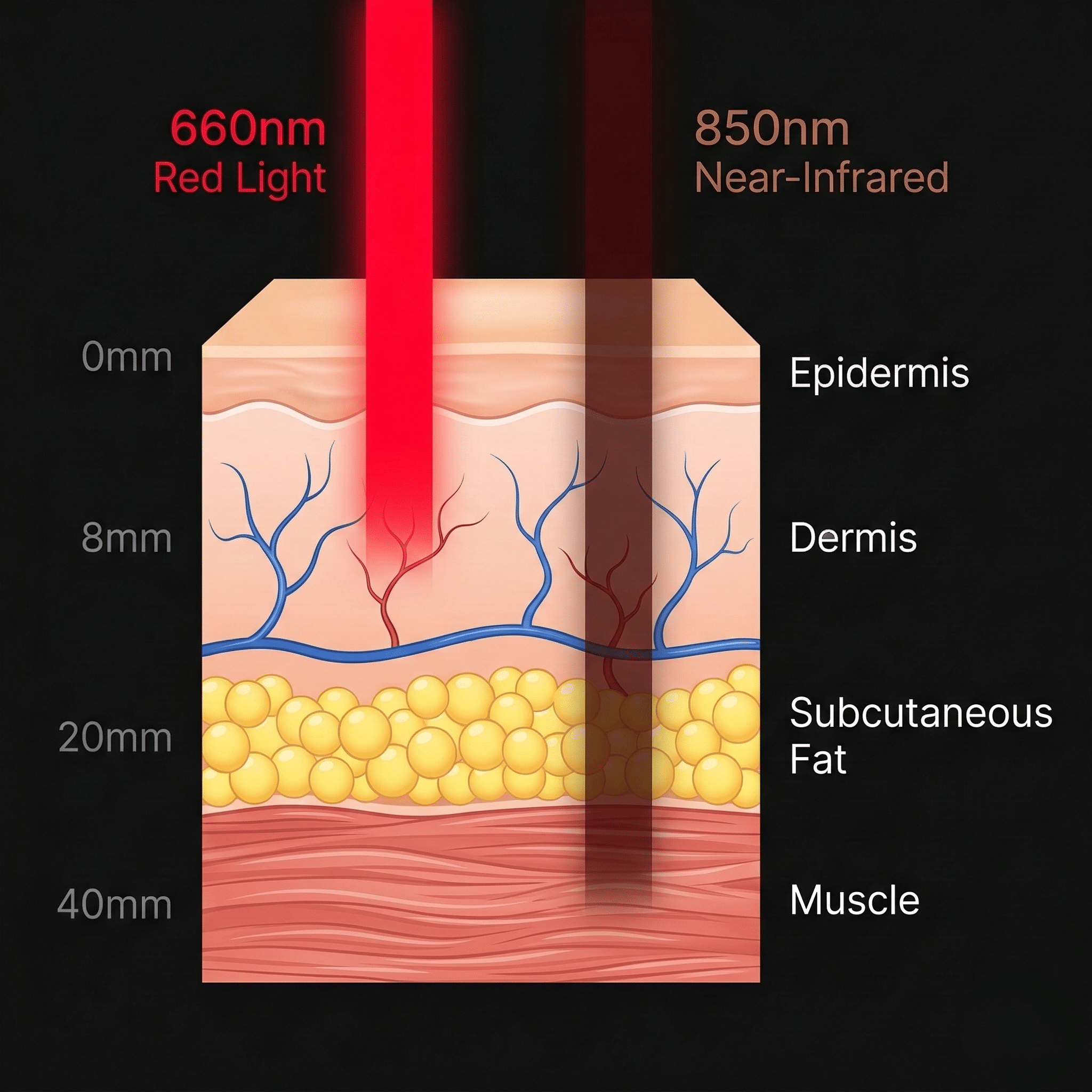 Scientific diagram showing 660nm red light penetrating to the dermis and 850nm near-infrared light penetrating deeper into tissue layers, with labeled skin layers: epidermis, dermis, subcutaneous fat, and muscle