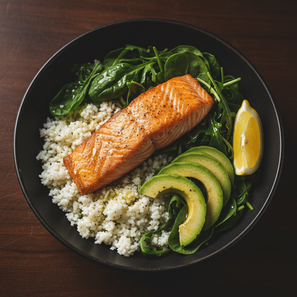 Pan-seared salmon with avocado slices and cauliflower rice power bowl