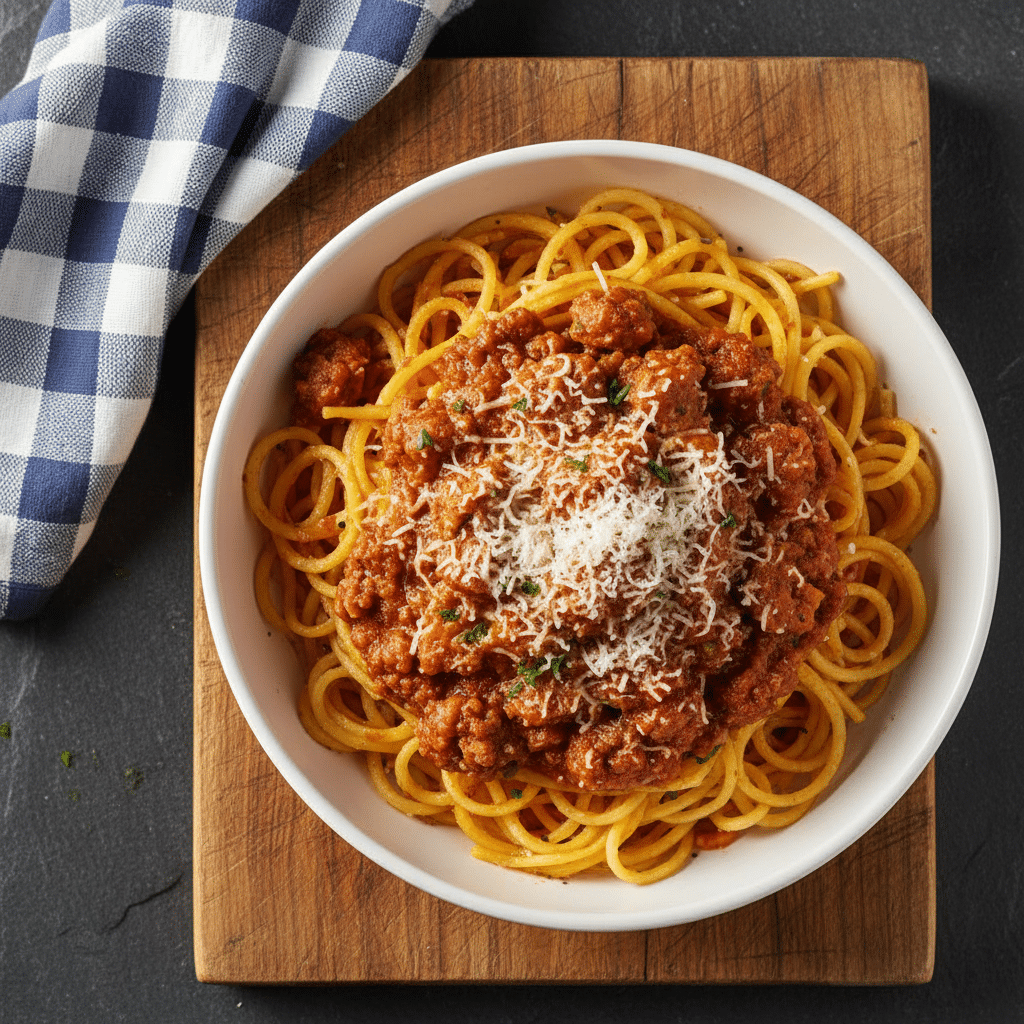 Spaghetti squash noodles topped with turkey sausage marinara and grated parmesan in a white bowl
