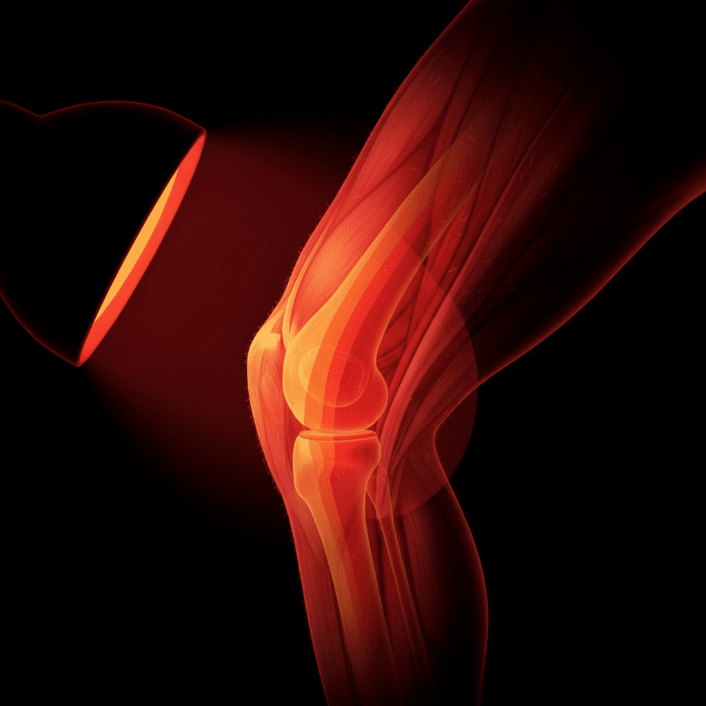 Illustration of knee joint anatomy showing tissue layers that red and near-infrared light must traverse