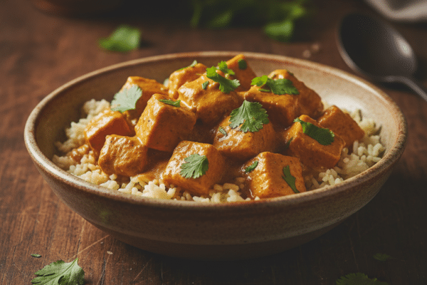 Keto butter chicken with turmeric sauce served over cauliflower rice