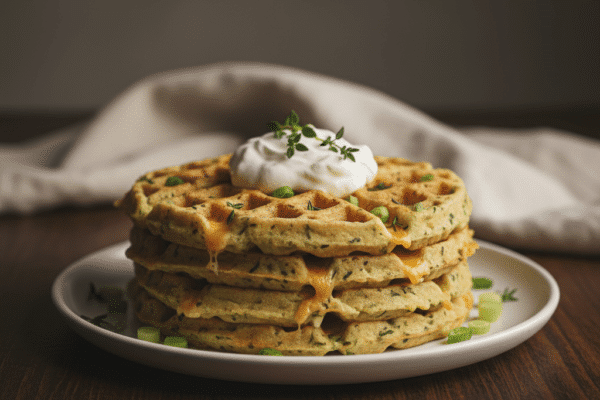 Savory cauliflower waffles with mozzarella, thyme, and collard greens