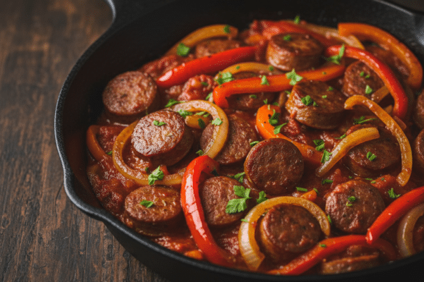 Italian sausage skillet with bell peppers, onions, and diced tomatoes