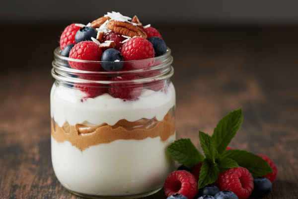Keto yogurt parfait with almond butter, berries, pecans, and coconut flakes