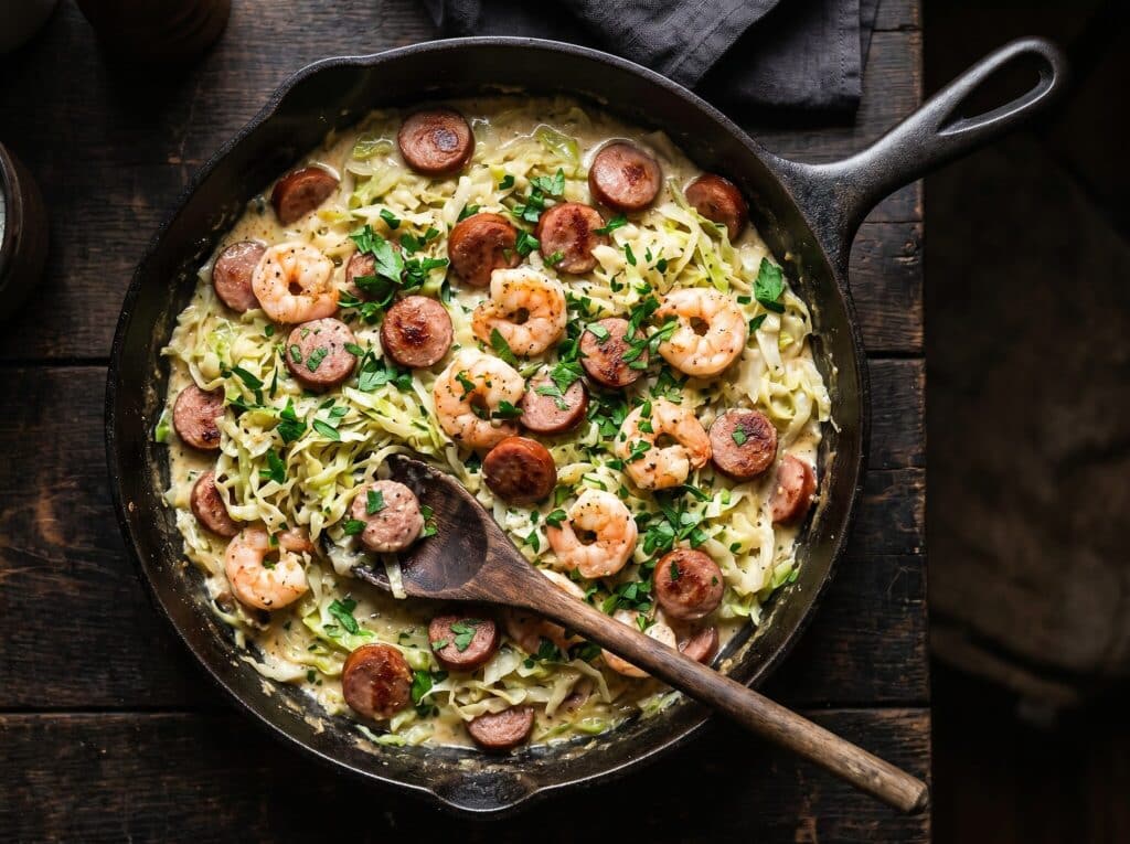 Sausage & Shrimp Cabbage Alfredo