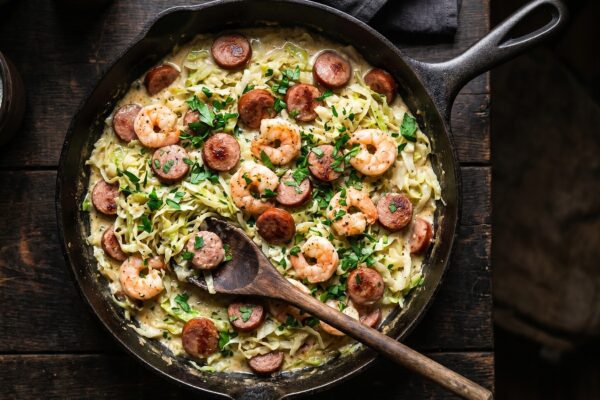 Sausage & Shrimp Cabbage Alfredo recipe photo